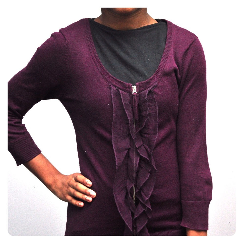 Maroon, zip up cardigan with front ruffles sz Sm